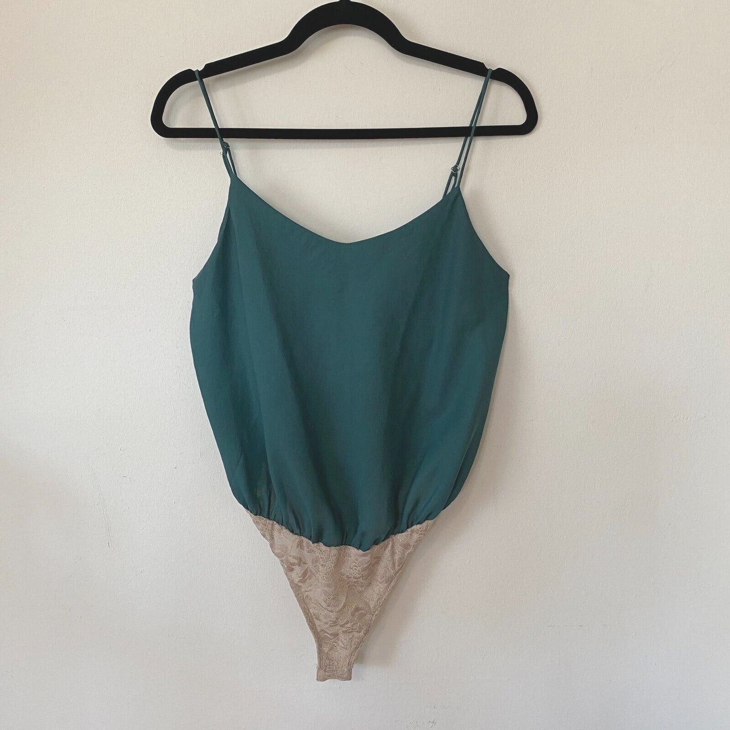 Free People Emerald Green Satin Blouson Bodysuit Tan Snap Lace Brief M