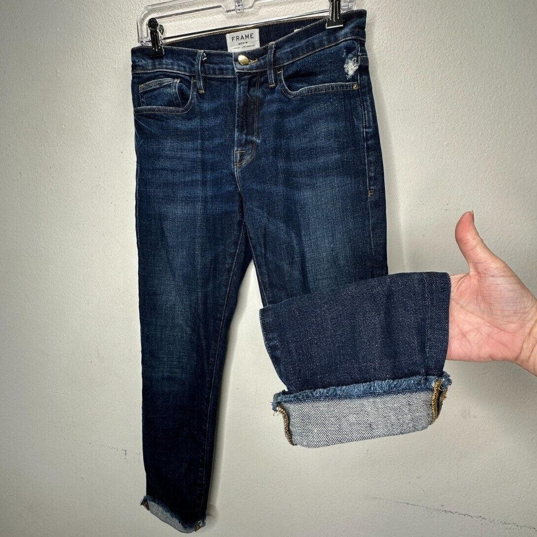 Frame Denim Le Boy Pondview Cropped Frayed Hem Straight Leg Jean Dark Wash 27
