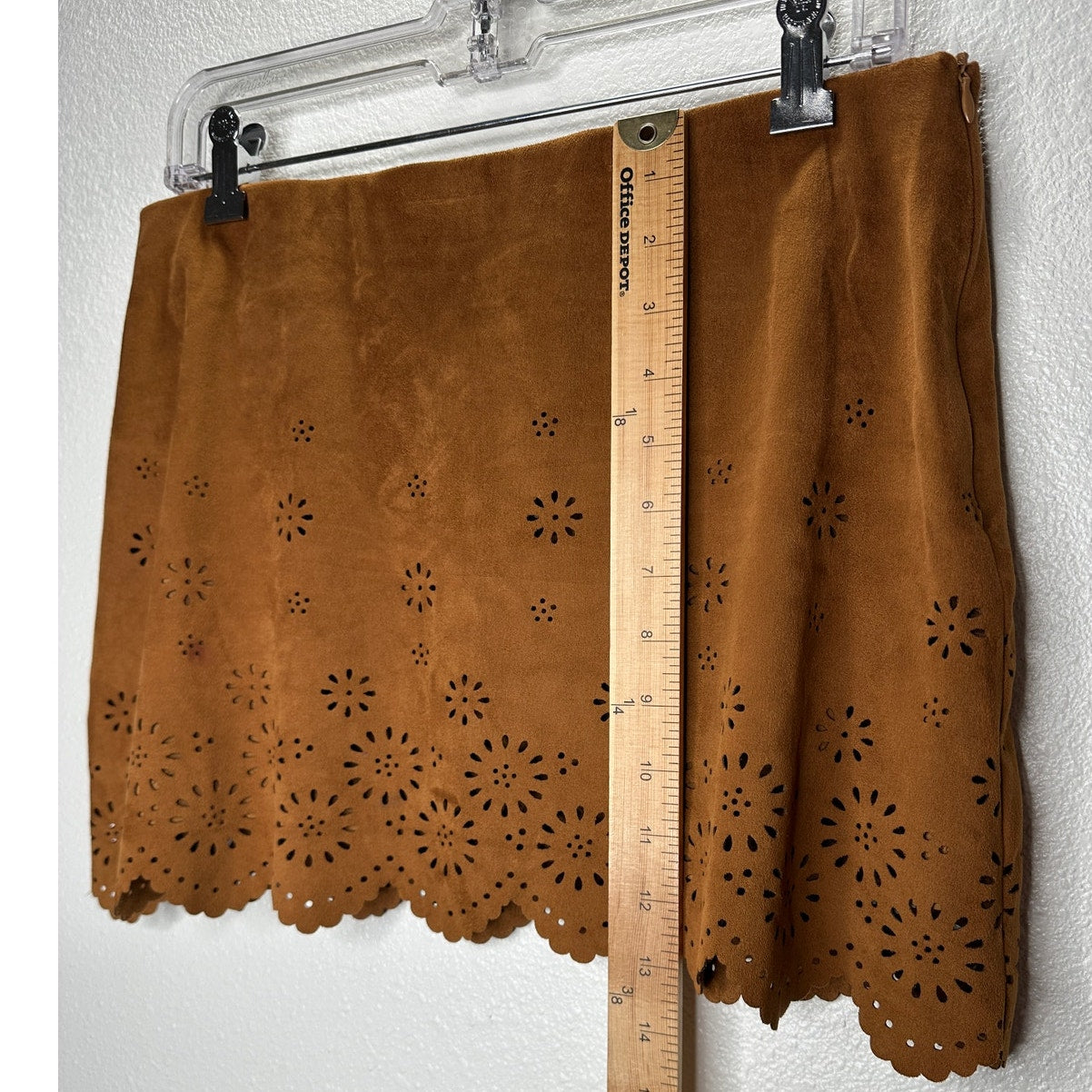 Zara Rust Brown Faux Suede Laser Cut Scalloped Hem Skirt L