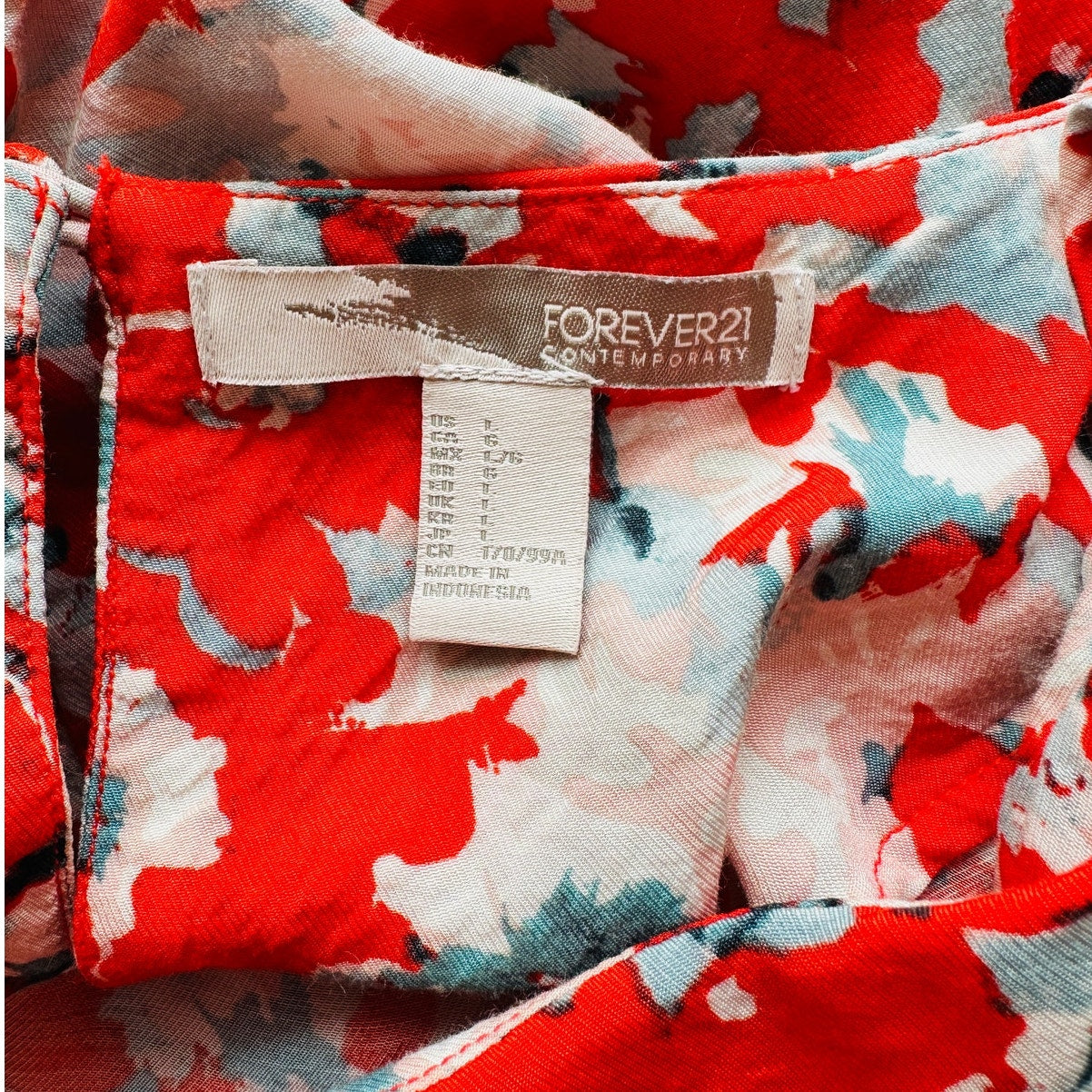 Cute Red Pink Blue Floral 3/4 Cuffed Sleeves Wide Round Neck Blouse Top L