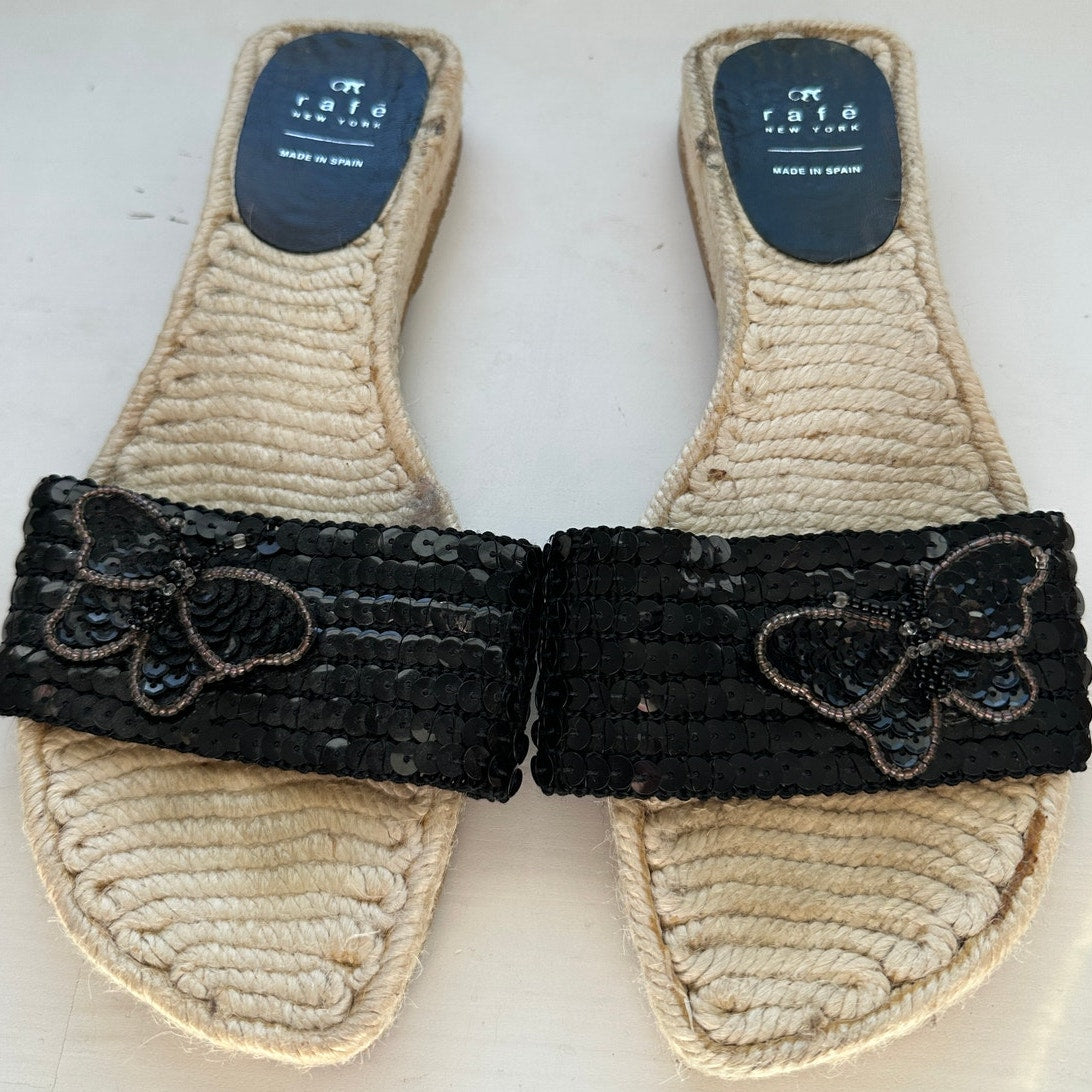 Rafe New York Black Sequin Butterfly Espadrille Slide Sandal Shoes 38 / 7.5