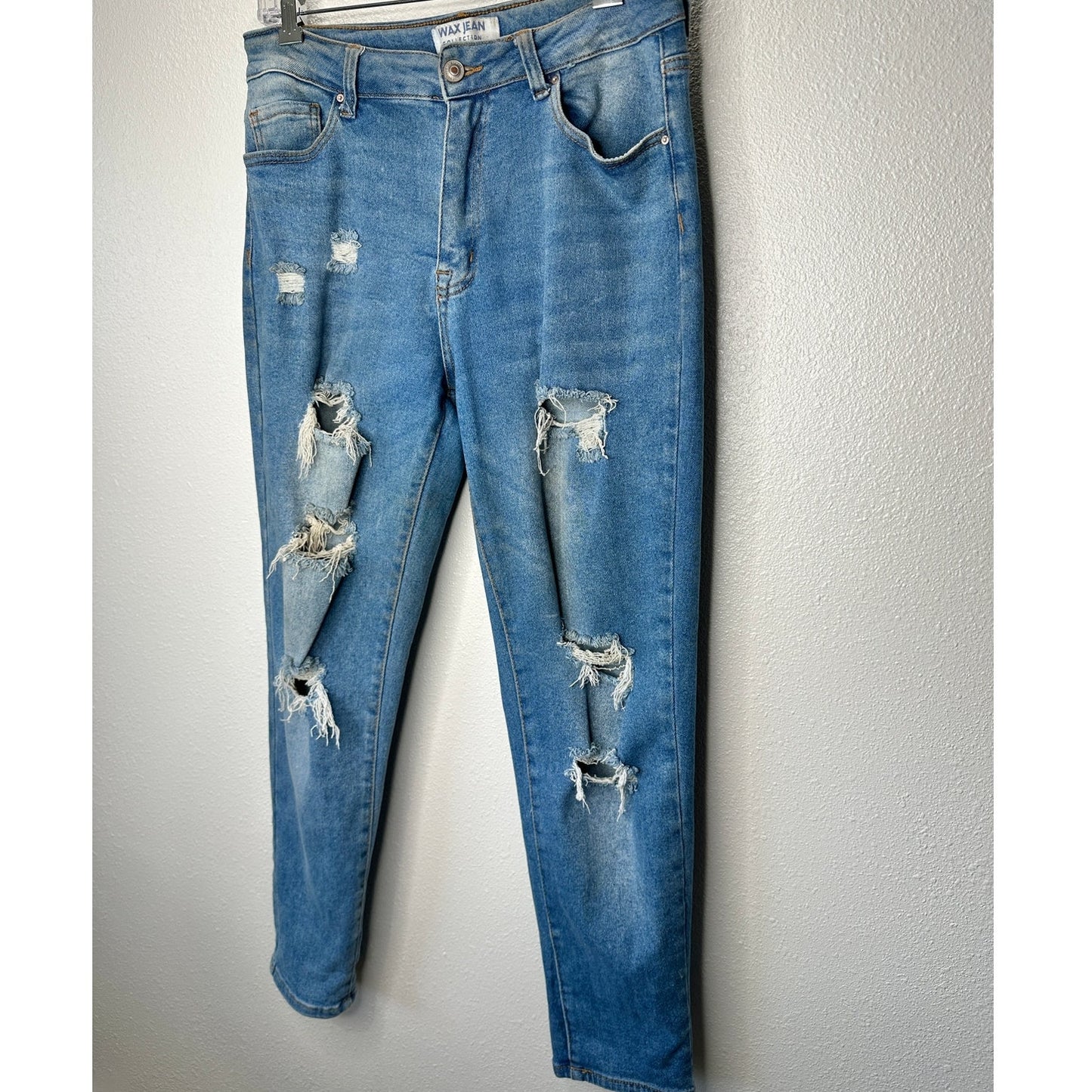 Wax Jean Collection Medium Wash Distressed Holes Boyfriend Denim Jeans 30