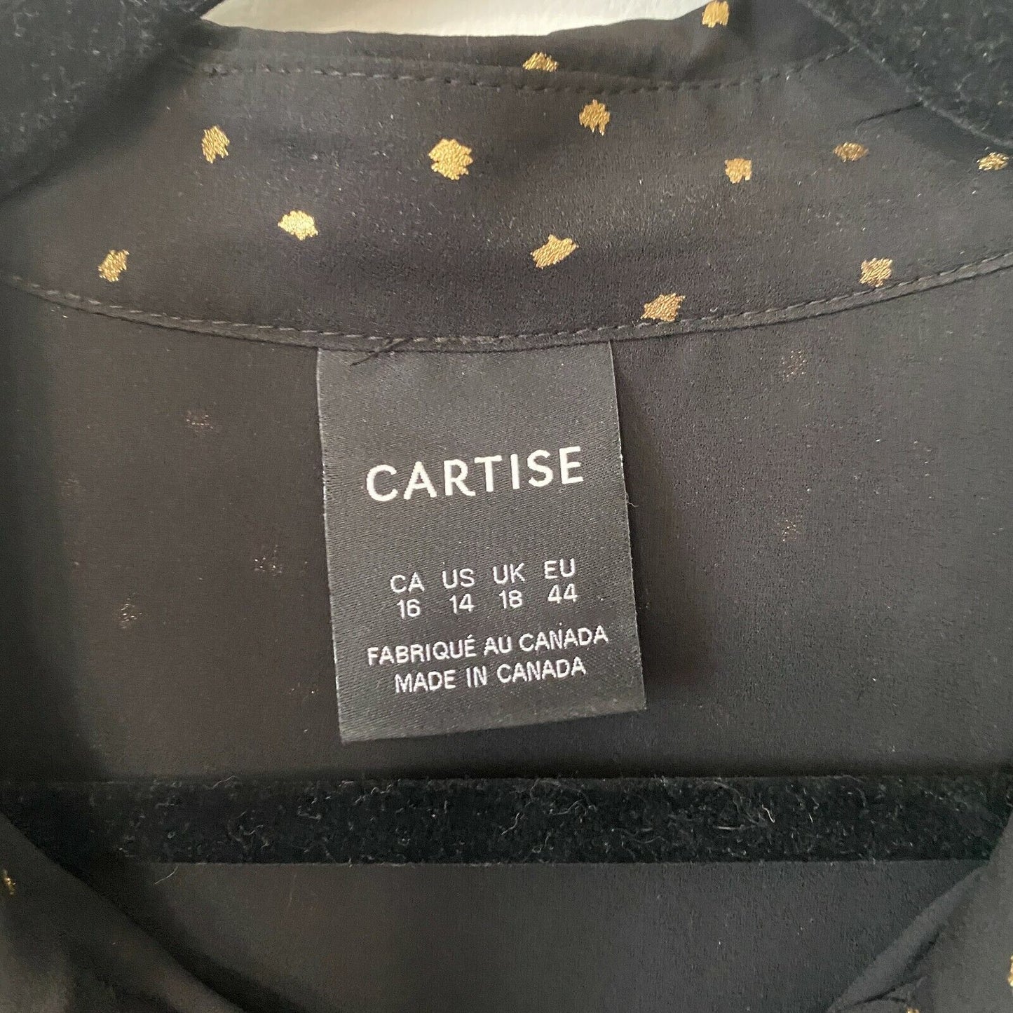 Cartise Black and Gold Polka Dot Button Down Shirt Sheer Front Overlay Panel 14