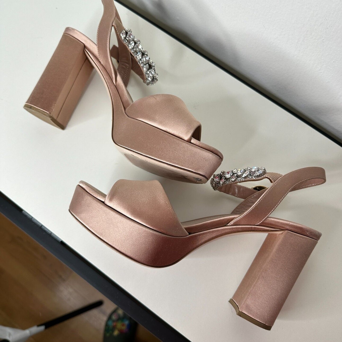 Miu Miu Nude Calzature Donna Satin Crystal Ankle Strap Platform Block Heels 10.5