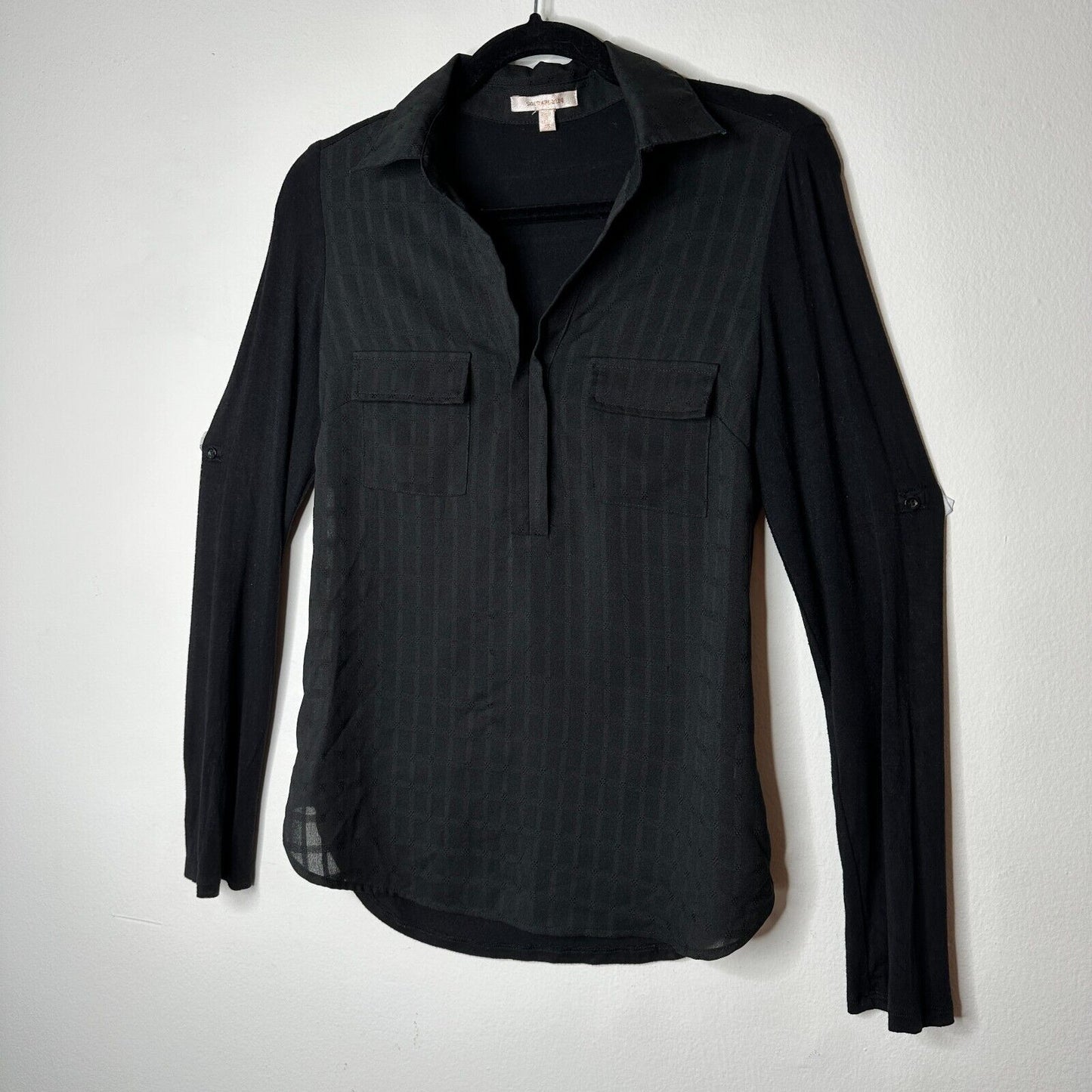 Skies Are Blue Black Stripe Stretch Front Pockets Long Sleeve Collar Blouse XS