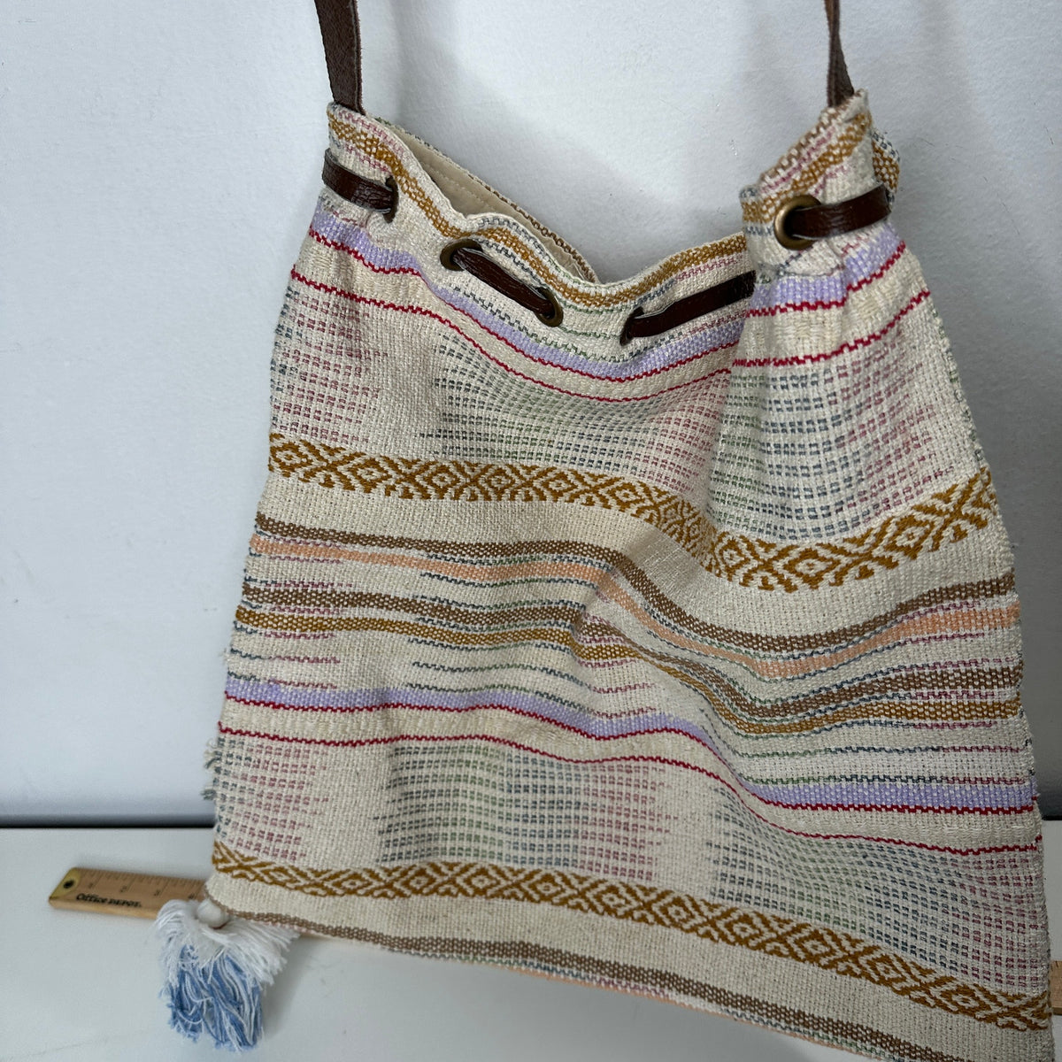 Lovestitch Tan Multicolor Striped Canvas Boho Bag Drawstring Snap Closure