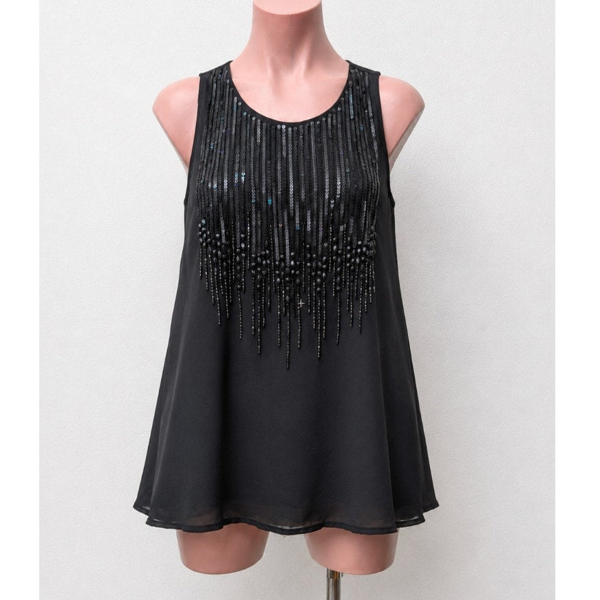 MLV Black Sequin & Beads Round Neck Sleeveless Keyhole Back Tank Blouse M