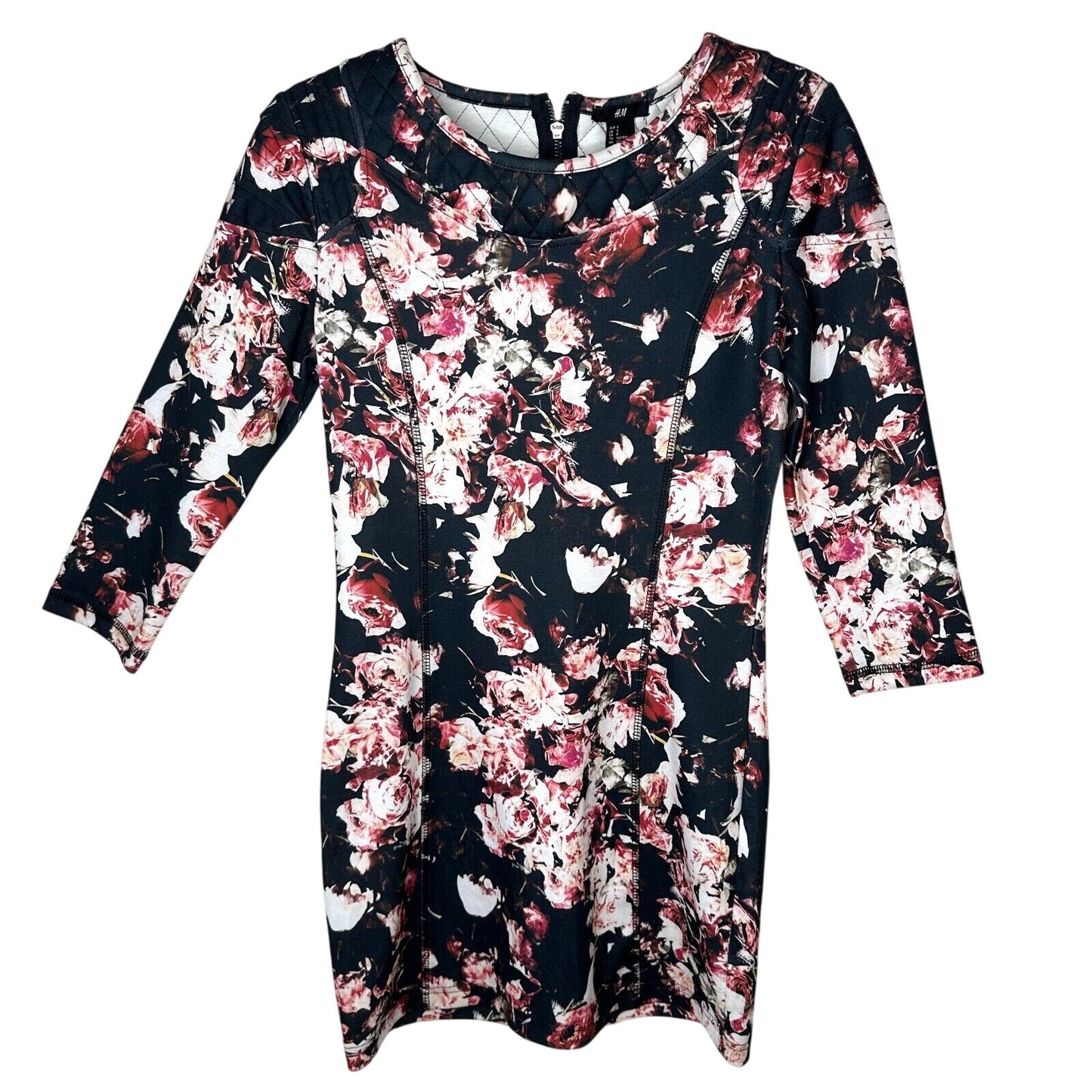 H&M Black Red and White Floral 3/4 Sleeve Mini Dress Quilted At Shoulders Zip S