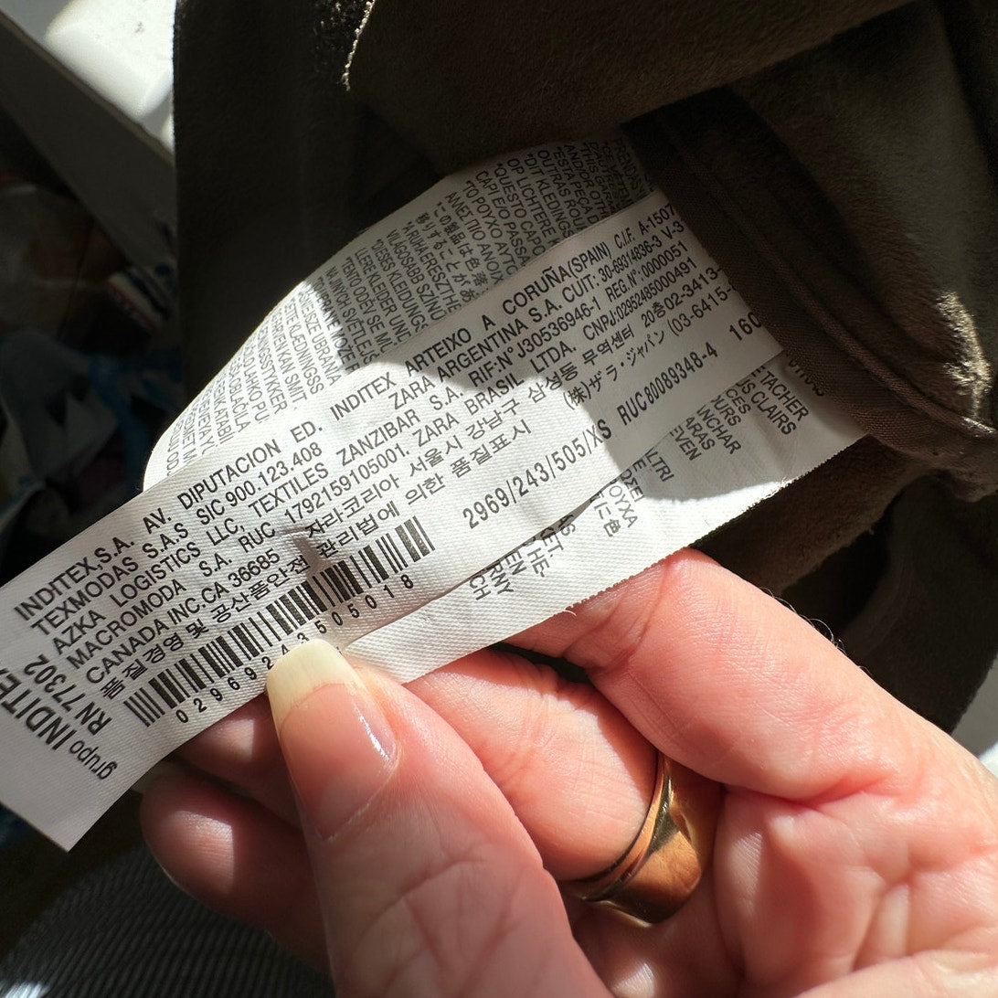 Zara Olive Green & Black Suede Long Sleeve Side Zip Cowel Neck Jacket XS