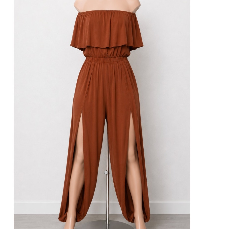 Angl Rust Bronze Brown Bandeau Ruffle Off-Shoulder Harem Slit Pant Jumpsuit SM