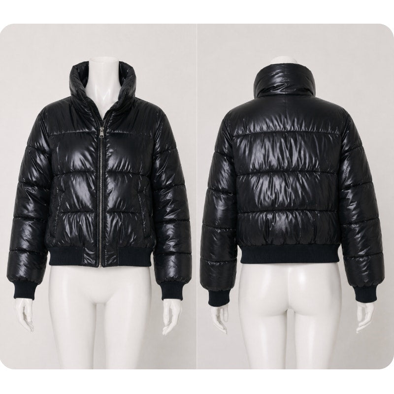 Revolve Lovers + Friends Black Satin Puffer Jacket Banded Hem & Cuff Zip L