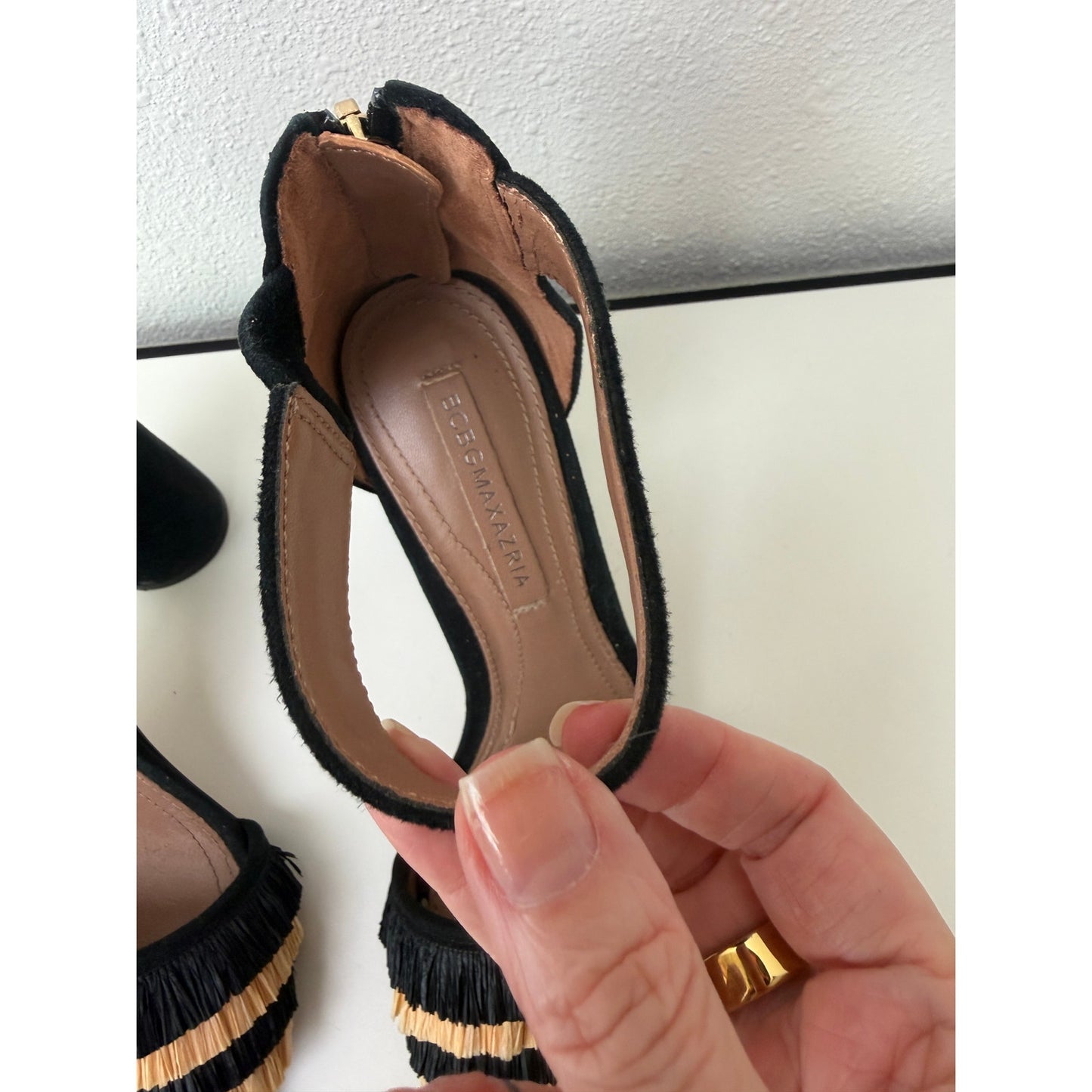 BCBGMaxAzria Alonza Raffia Heels Black Tan Womens US 7.5