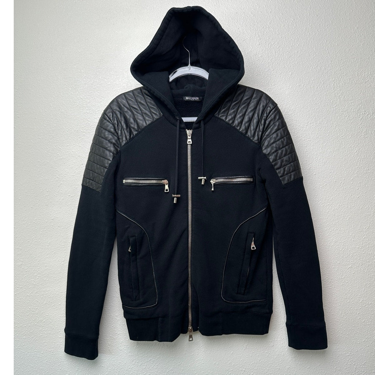 FUC Balmain Black Moto Hoodie Jacket Quilted Leather Shoulder Zip Sweatshirt M