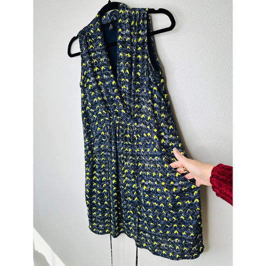 Aqua Florescent Yellow Blue Gray Print Faux Wrap Dress XS