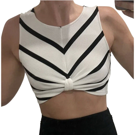 Ezra Black & White Striped Sleeveless V-Neck Crop Gathered Front Knot Back Zip S