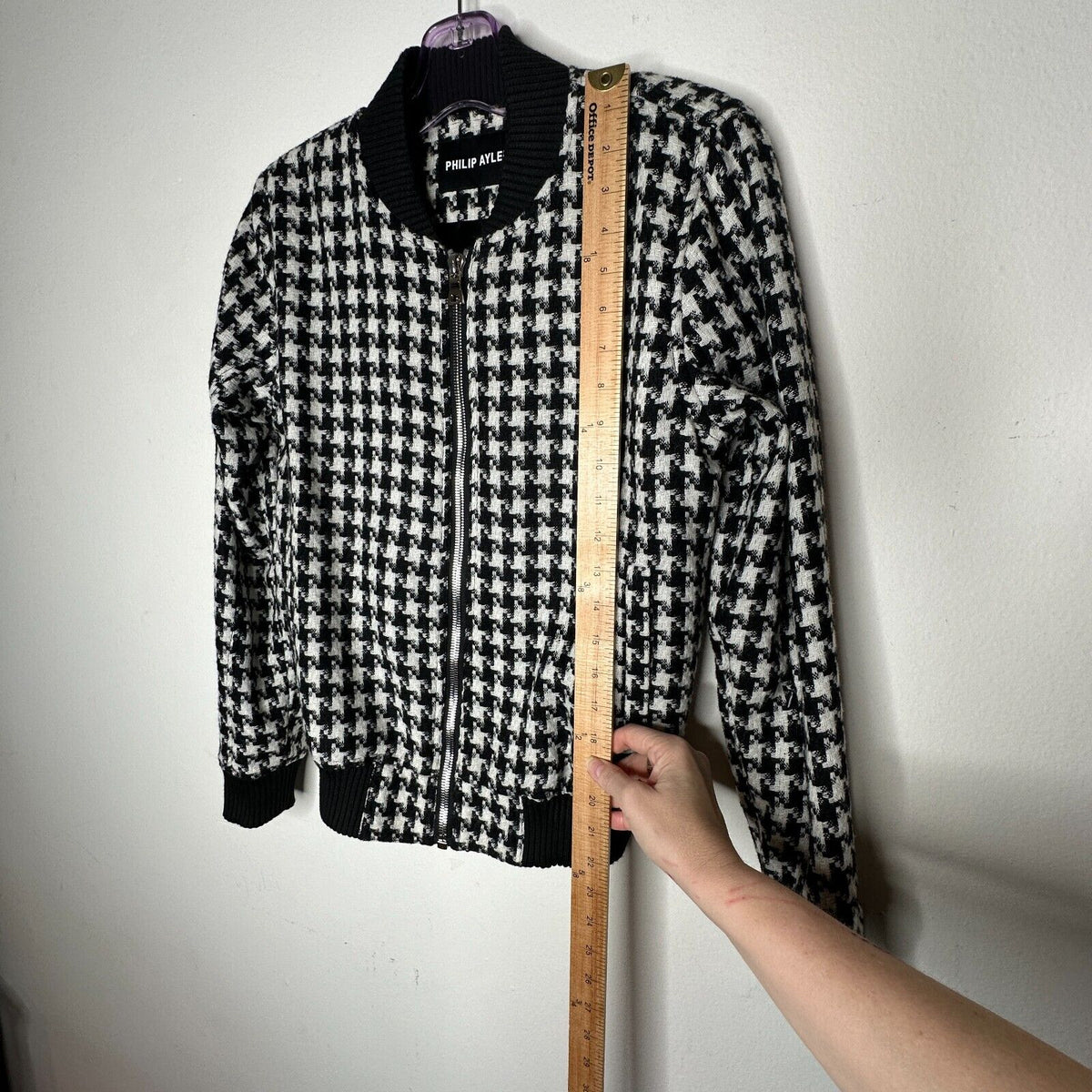 Philip Ayler White Black French Tweed Houndstooth Black Trim Zip Bomber Jacket