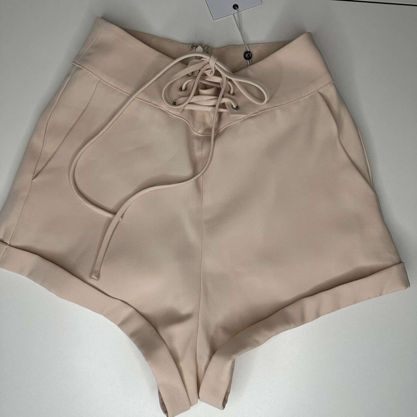 NWT L'Academie Tan Romance Shorts Cuffed Zip Back Front Grommet Lace-Up XS