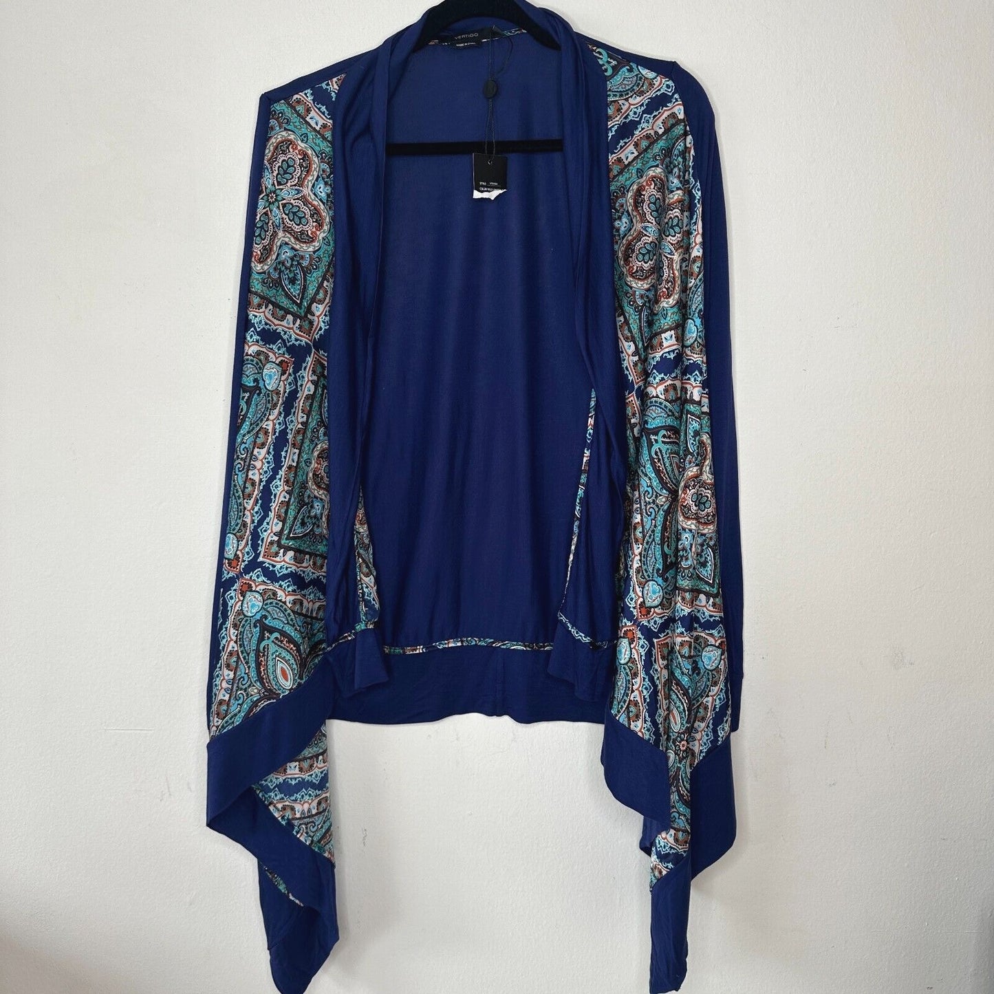 Vertigo Satin High Low Paisley Royal Blue Orange Long Sleeve Drape Cardigan S