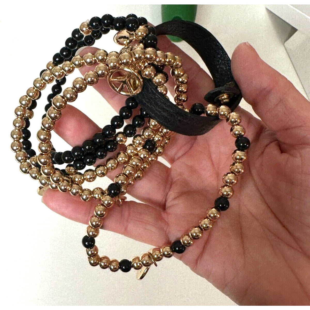NWOT Macy's Black & Gold Multilayer Skull Heart Peace Bead Leather Wrap Bracelet