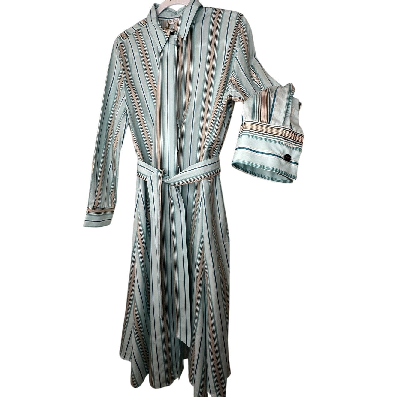 NWT Loro Piana Teal White Brown Stripe Front Button Tie Sash Wrap Dress XL