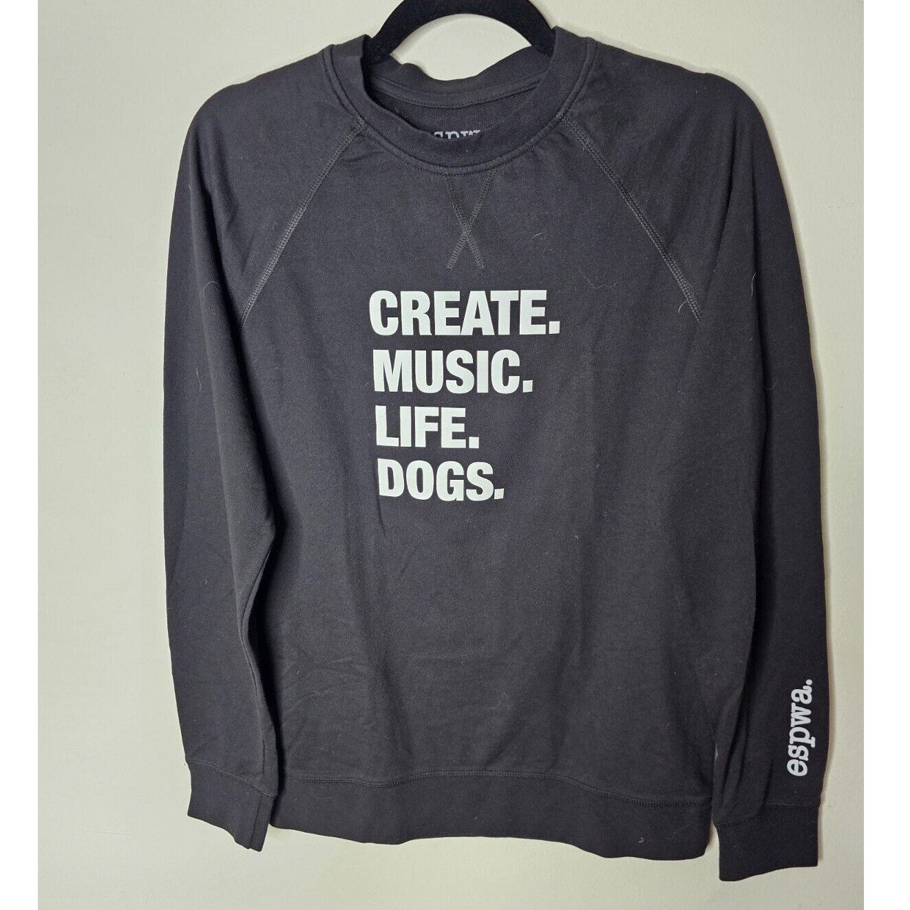 ESPWA Black Long Sleeve Thin Sweater Top Create Music Graphic Tee Shirt Small