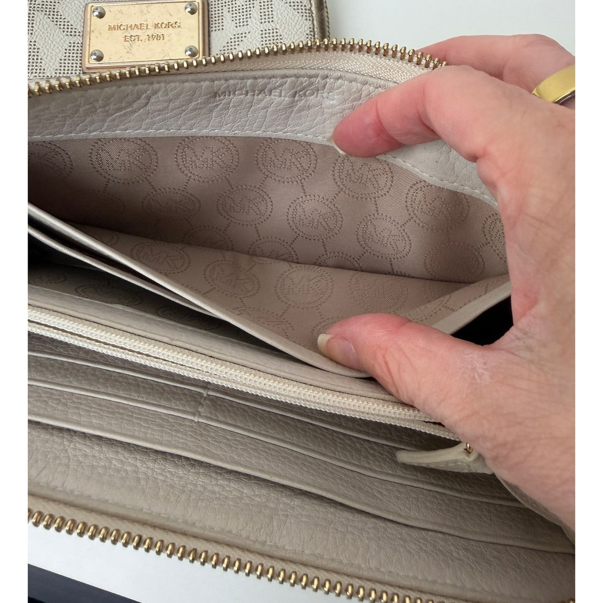 Michael Kors Set of 2 Cream Beige Signature Logo Zip Wallets