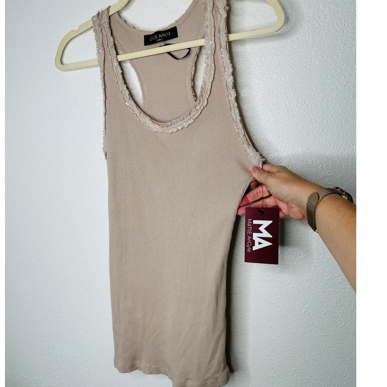 NWT Dis Moi Tan Rib Knit Racer Back Lace Edging Tank Top