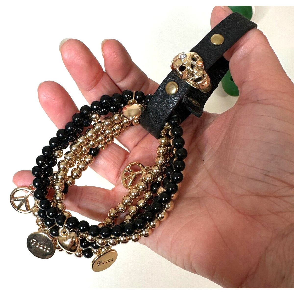 NWOT Macy's Black & Gold Multilayer Skull Heart Peace Bead Leather Wrap Bracelet