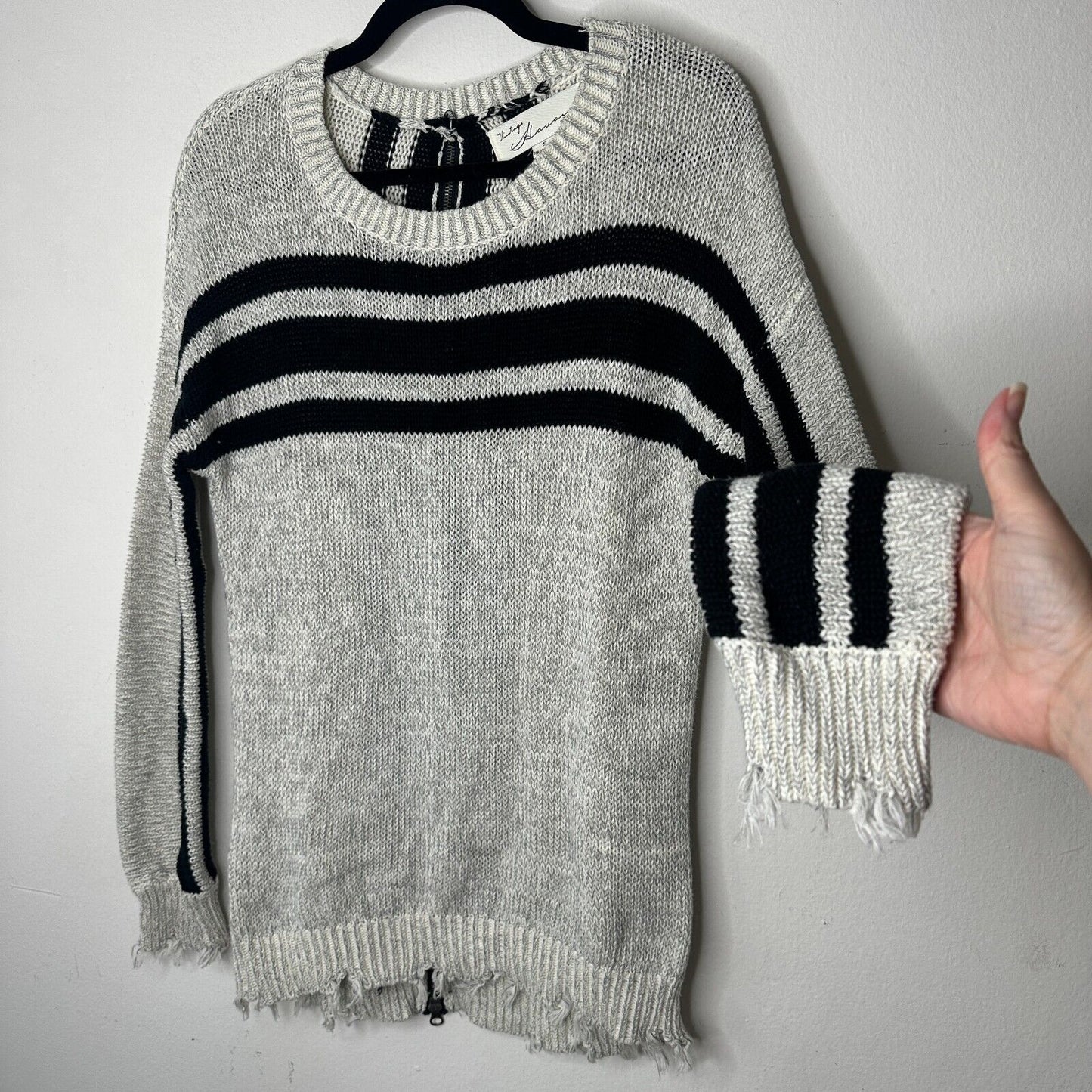 Havana Gray Black Stripe Distressed Long Sleeve Round Neck Sweater Zip Back SM