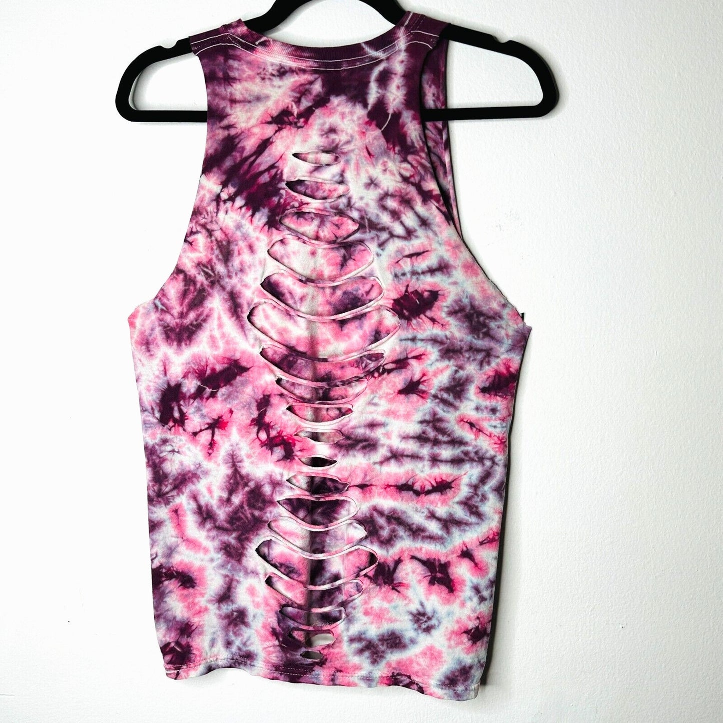 Sleeveless Cropped Hand Cut Out Plum & Pink Cream Tie Dye Crew Neck Top S
