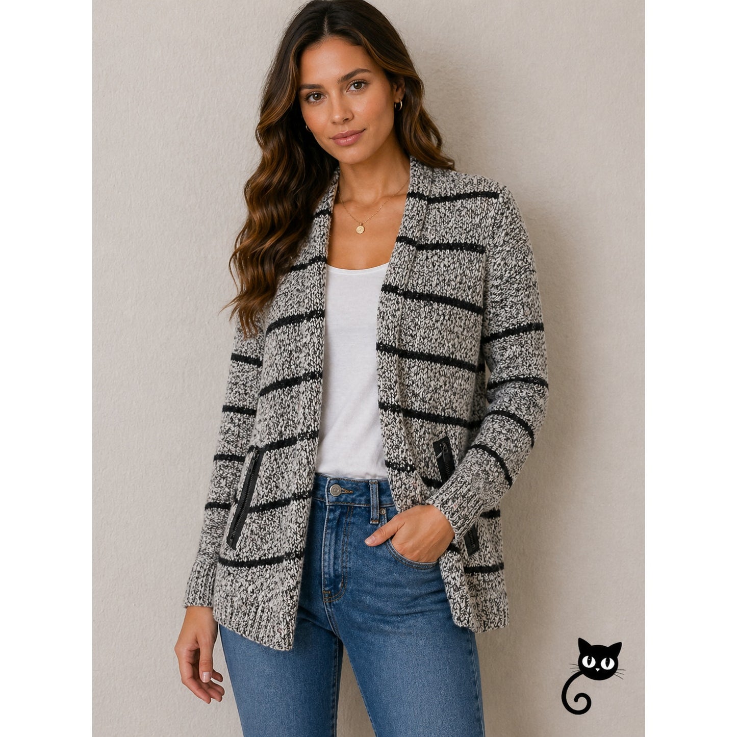 Lou & Grey Chunky Knit Black & Gray Off White Stripe Open Cardigan Zip Pocket XS