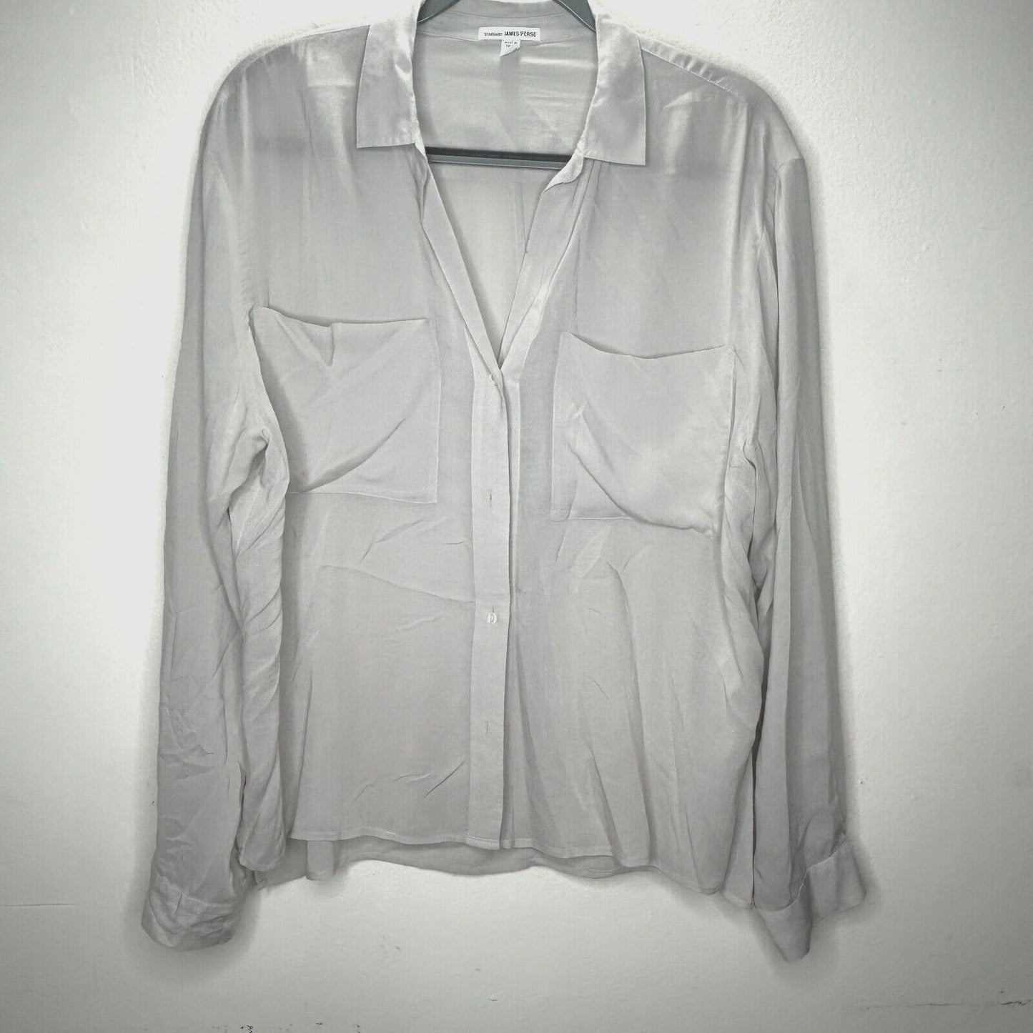James Perse Gray Sand Open V-Neck Front Button Front Pockets Long Sleeve Shirt L