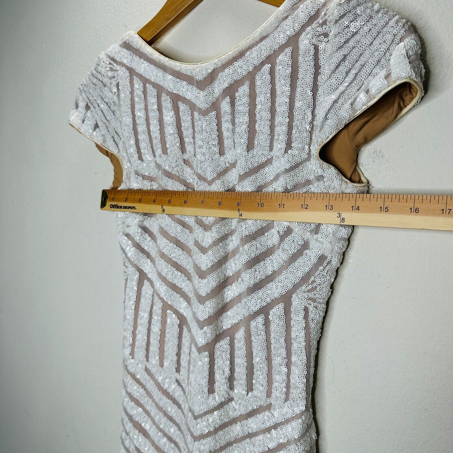 NWT Dress The Population White & Nude Sequin Aztec Print Open Back Cap Sleeve S
