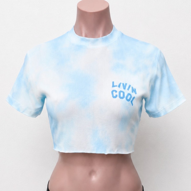 Livin Cool Pale Blue White Tie Dye Livin Cool Logo Short Sleeve Crop Tee XS