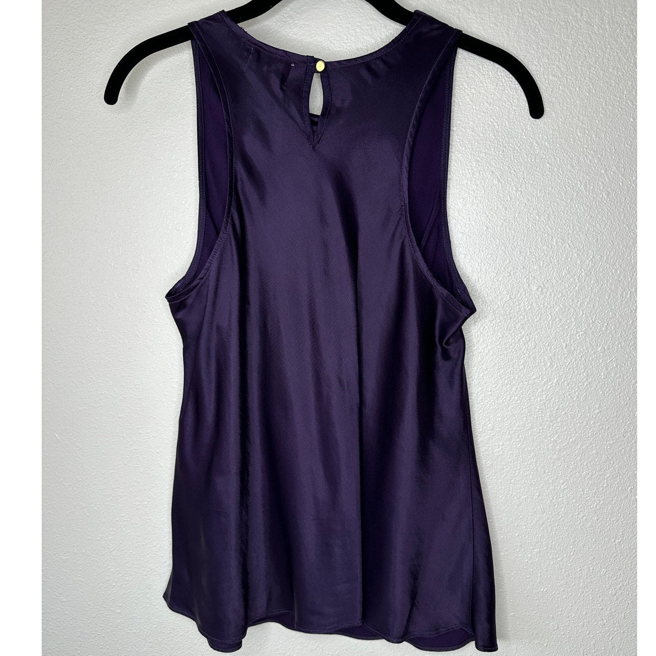Nation Dark Purple Satin Mock Neck Sleeveless Keyhole Back Blouse S