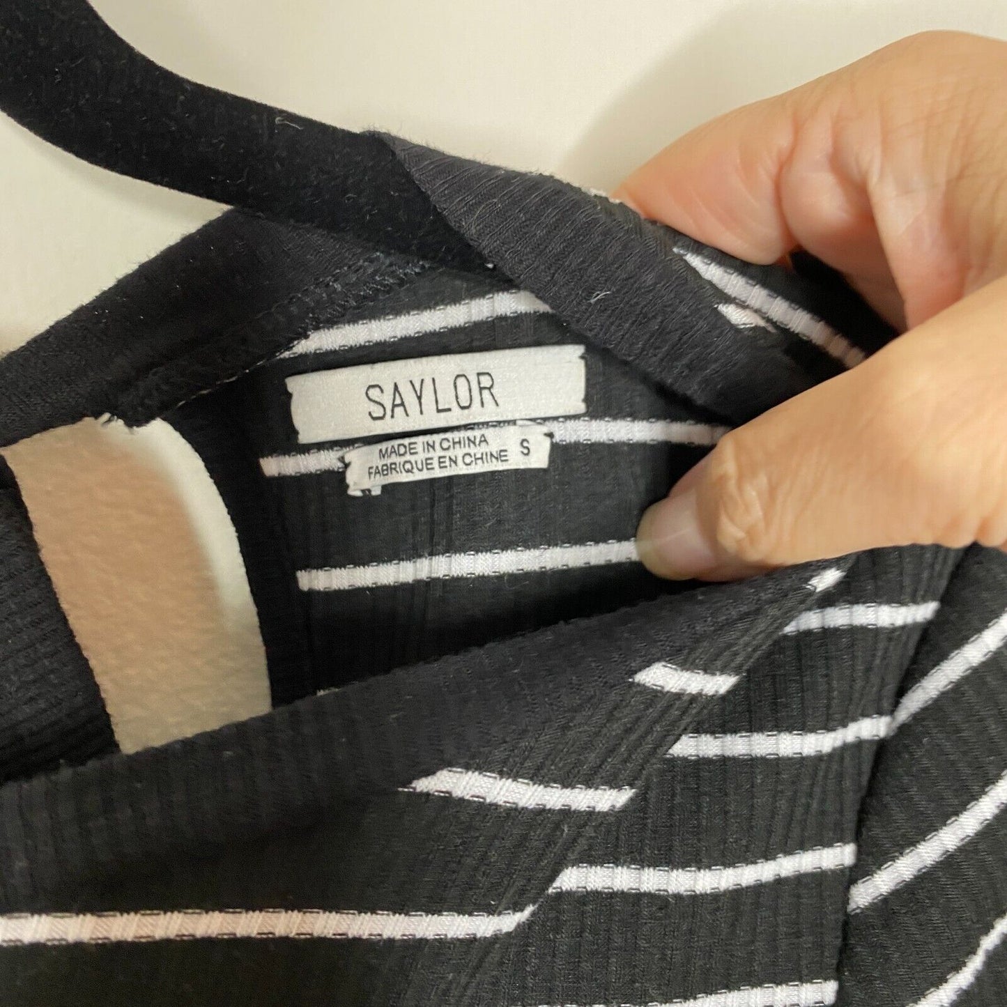 Saylor Black & White Stripe Tessa Bell Long Sleeve Keyhole Tie Knit Dress S