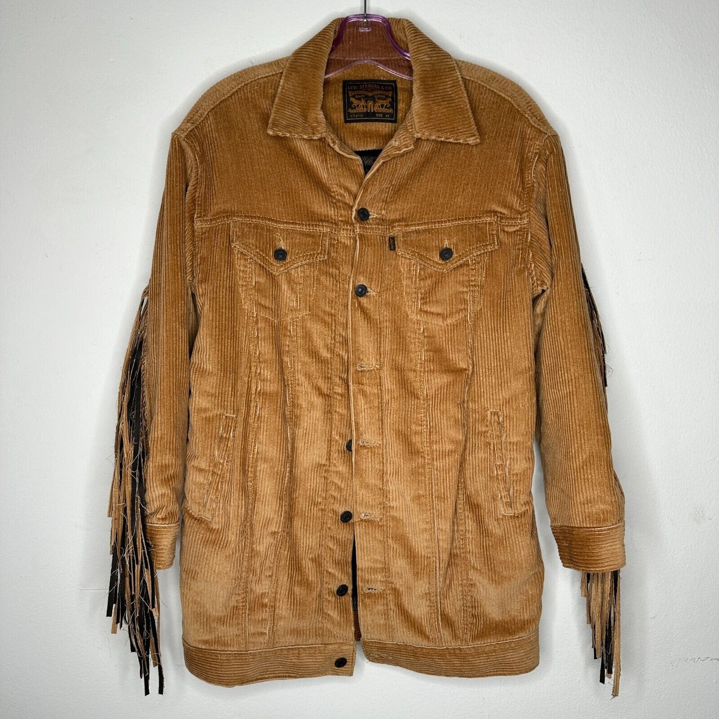 NWT Levis Karla Camel Tan Fringed Corduroy Long Trucker Button-Front Jacket XS