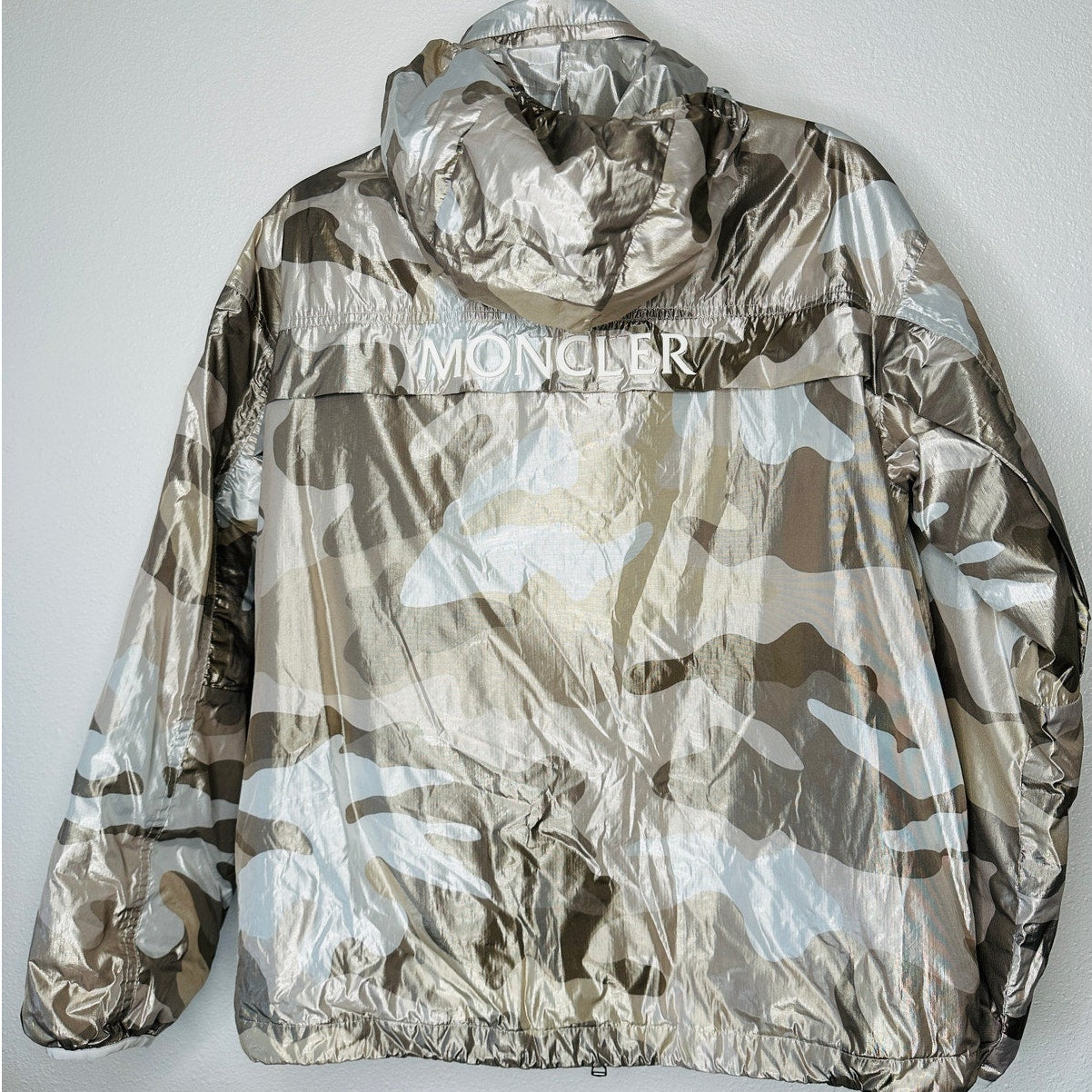 Moncler Menchib Metallic Camo Hooded Jacket Sand Cream Lightweight Zip Coat