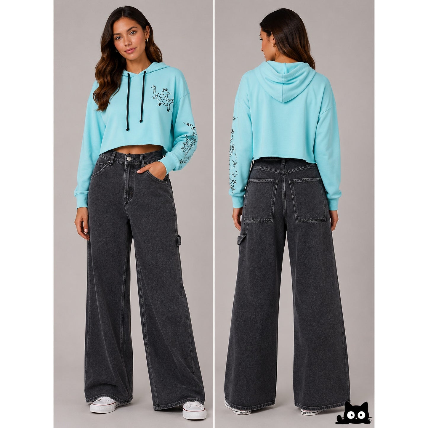 Post LA Adaptation Aqua and Black Graphic Long Sleeve Crop Hooded Sweater Small