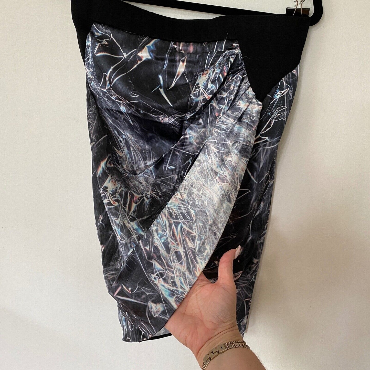 Helmut Lang SILK Cellophane Print Faux Tulip Hem Wrap Skirt Black Silver & Blue