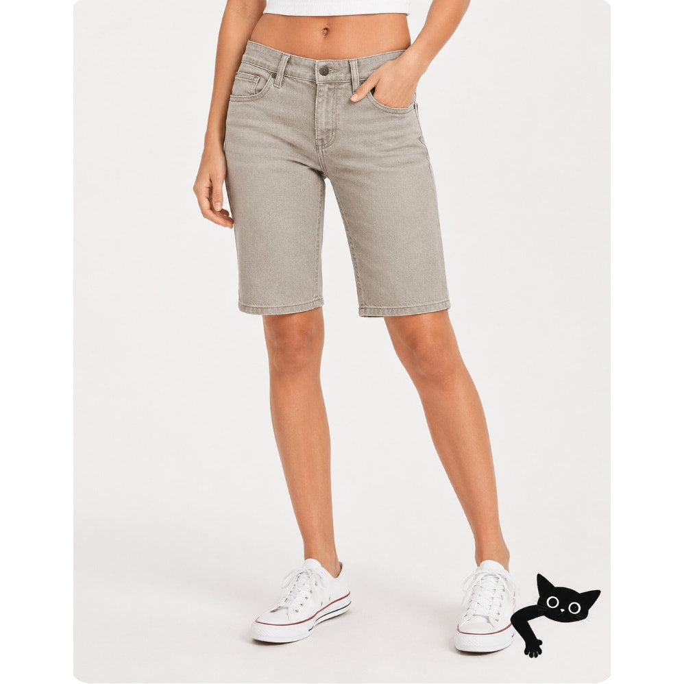 VTG Habitual Gray Taupe Low Rise Bermuda Long Line Design Pocket Denim Shorts 25
