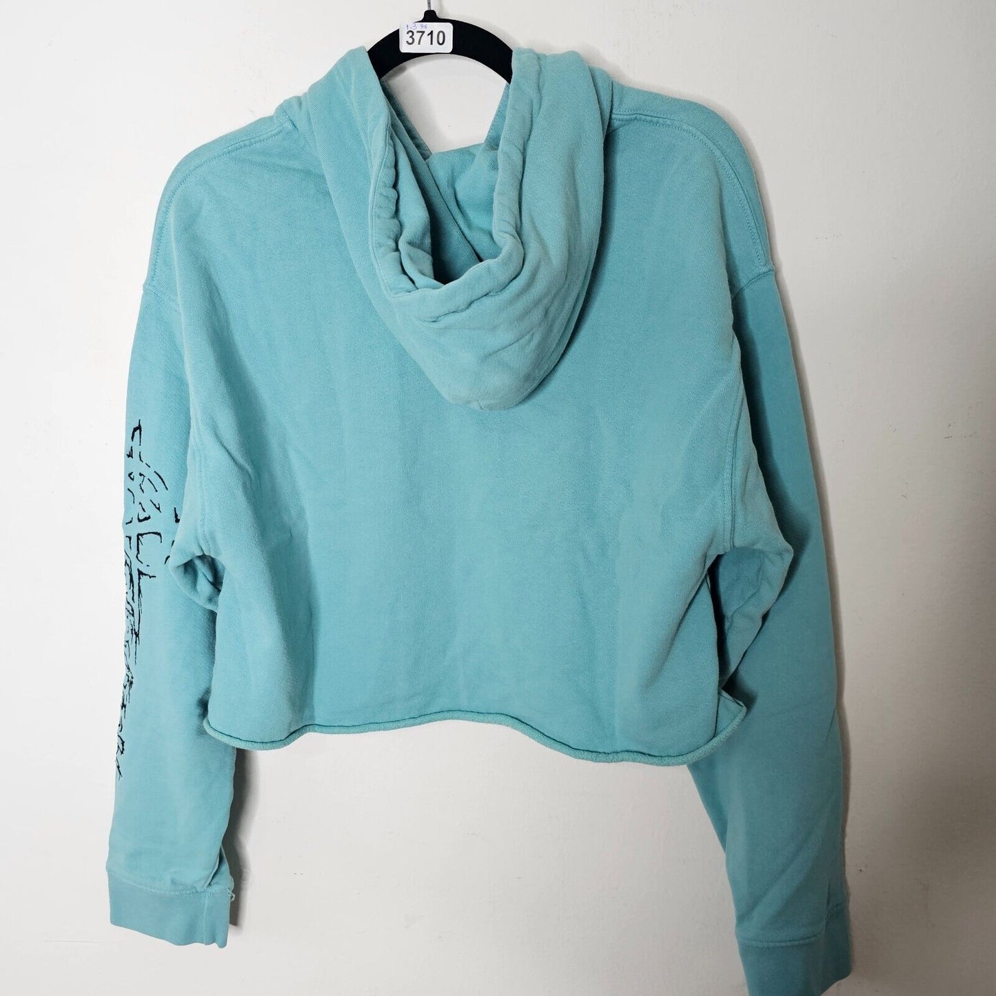 Post LA Adaptation Aqua and Black Graphic Long Sleeve Crop Hooded Sweater Small