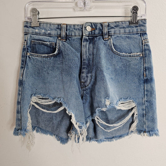 Zara High Waist Medium Wash Extreme Distressing Raw Hem Denim Jean Shorts 4