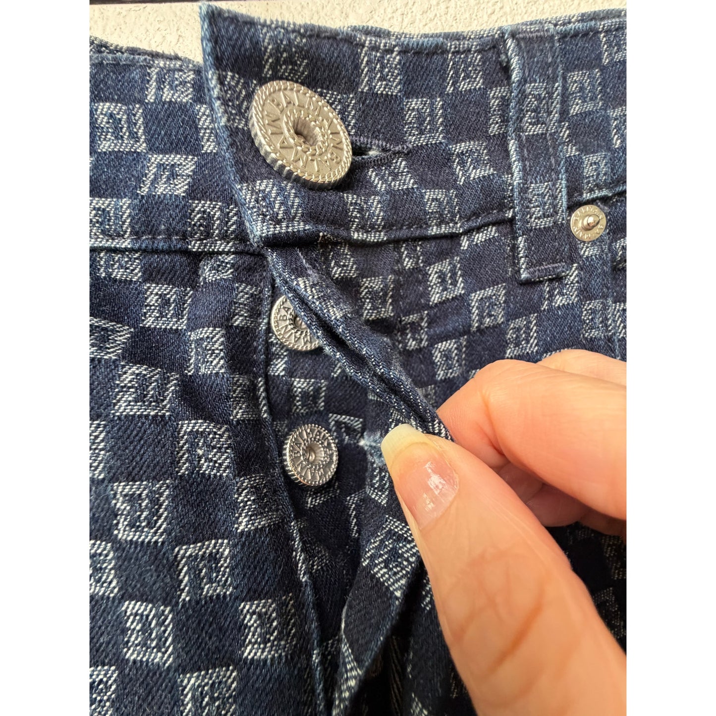 Balmain Men's 32 Blue Monogram Button Fly Wide Leg Jeans