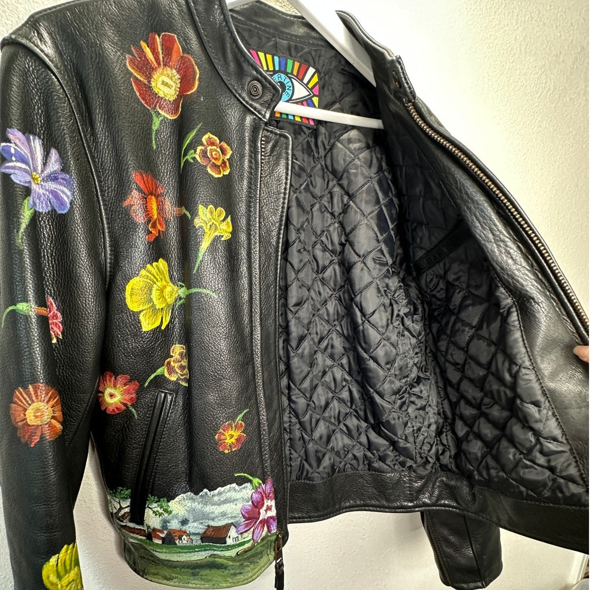 Libertine Hand-Painted Floral Skull Black Leather Moto Jacket M