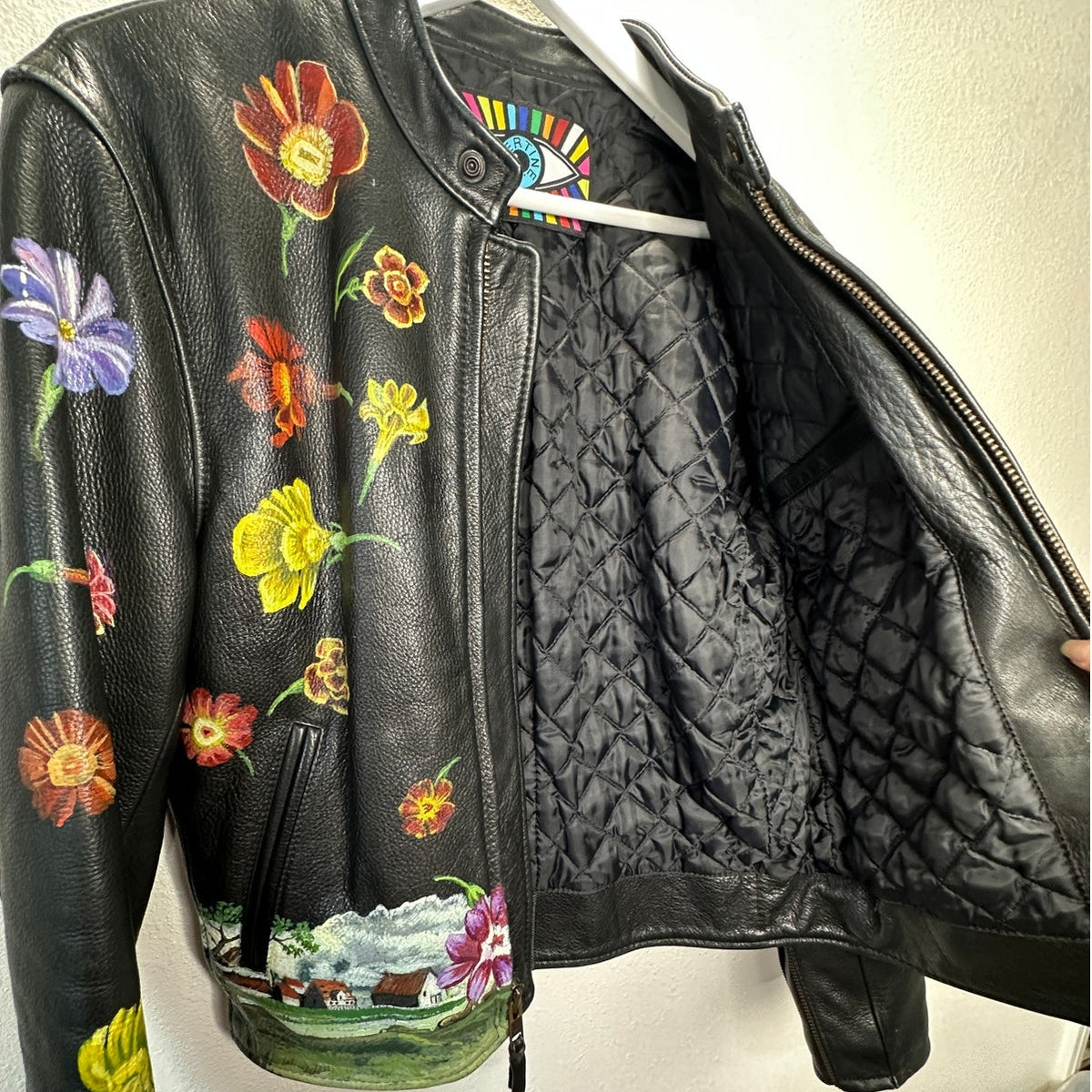 Libertine Hand-Painted Floral Skull Black Leather Moto Jacket M