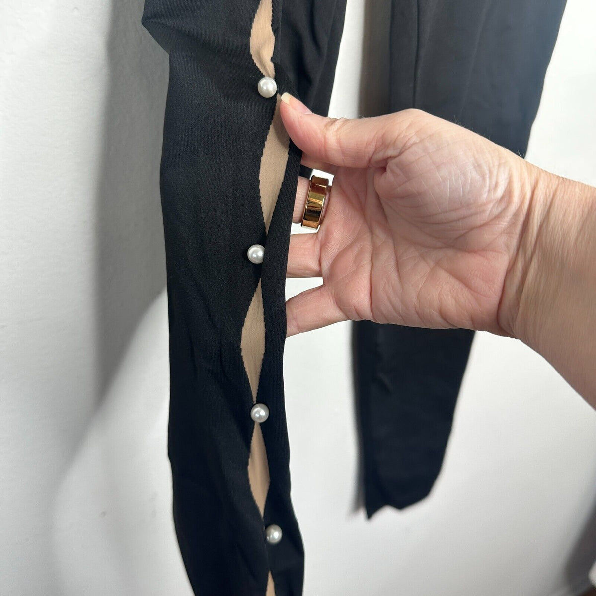 Wolford Sexy Black Linda Leggings Open Side Slit Tan & Pearl Embellishment Small