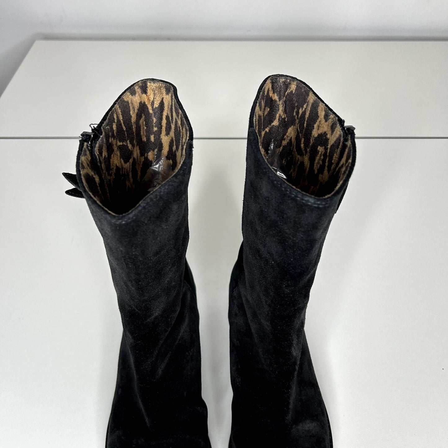 Stuart Weitzman Black Suede Mid-Calf Boots Cheetah Print Round Toe Booties 4