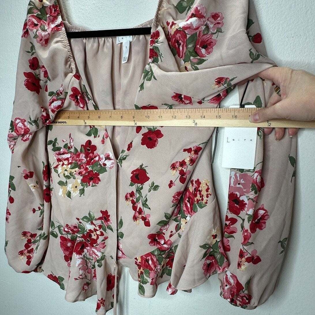 NWT Leith Pink Adobe Taupe Pink Red Floral Print Bell Sleeve Ruffle Wrap Top S