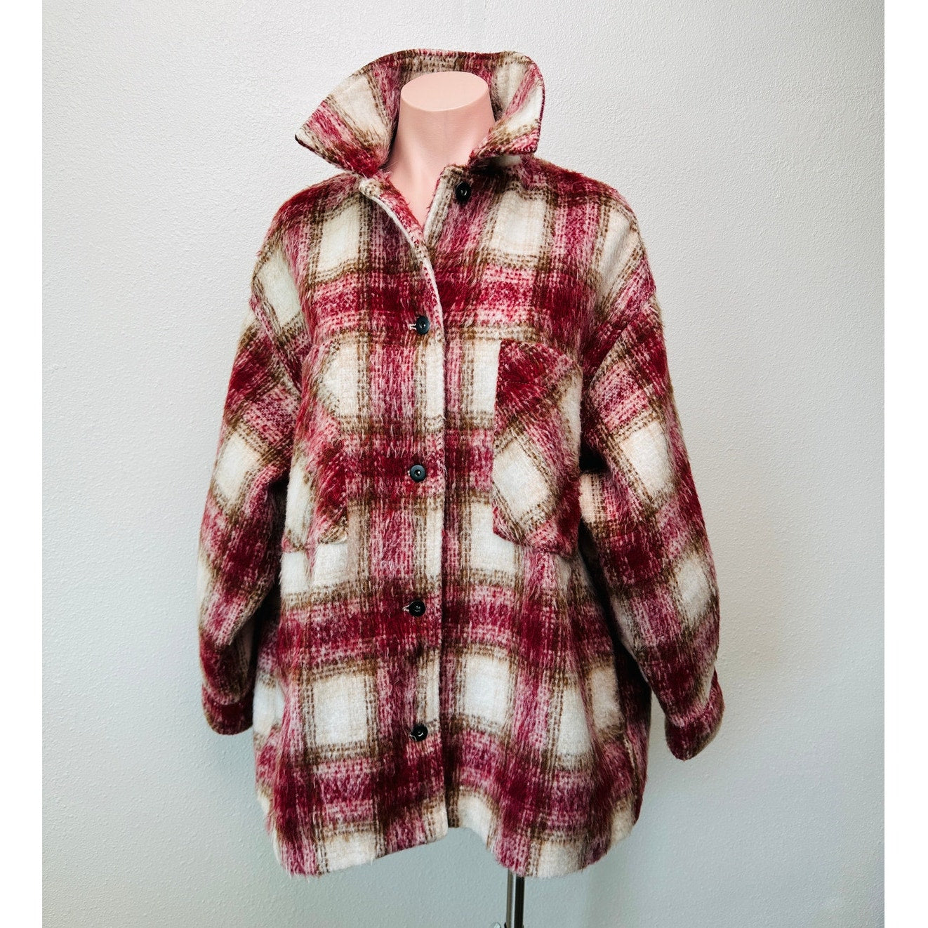 Zara Jacket Red Brown Cream Plaid Womens US XL Fuzzy